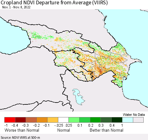 Azerbaijan, Armenia and Georgia Cropland NDVI Departure from Average (VIIRS) Thematic Map For 11/1/2022 - 11/8/2022