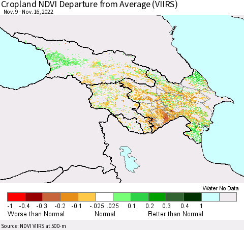 Azerbaijan, Armenia and Georgia Cropland NDVI Departure from Average (VIIRS) Thematic Map For 11/9/2022 - 11/16/2022