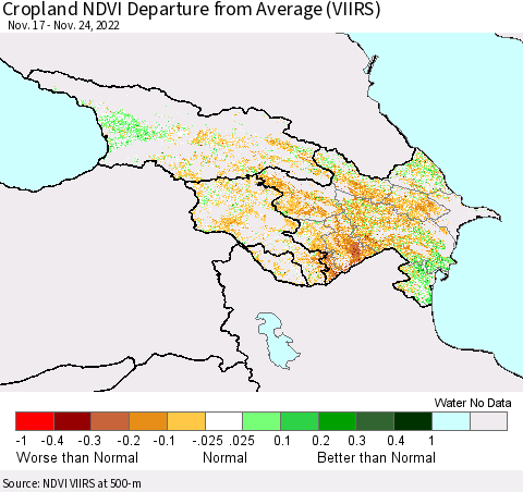 Azerbaijan, Armenia and Georgia Cropland NDVI Departure from Average (VIIRS) Thematic Map For 11/17/2022 - 11/24/2022