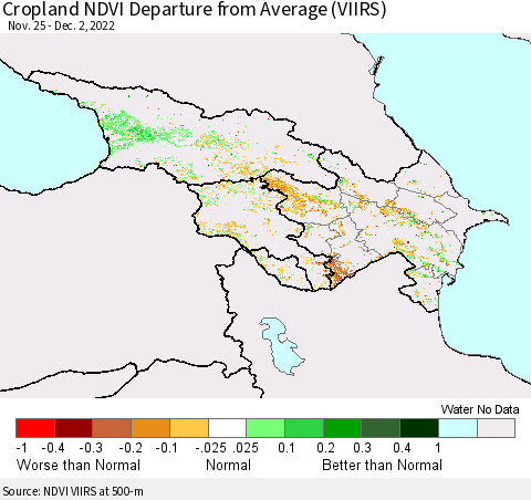 Azerbaijan, Armenia and Georgia Cropland NDVI Departure from Average (VIIRS) Thematic Map For 11/25/2022 - 12/2/2022