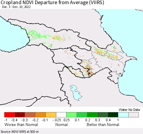 Azerbaijan, Armenia and Georgia Cropland NDVI Departure from Average (VIIRS) Thematic Map For 12/3/2022 - 12/10/2022