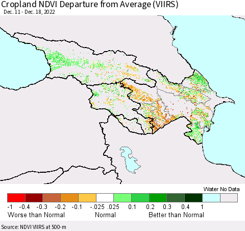 Azerbaijan, Armenia and Georgia Cropland NDVI Departure from Average (VIIRS) Thematic Map For 12/11/2022 - 12/18/2022