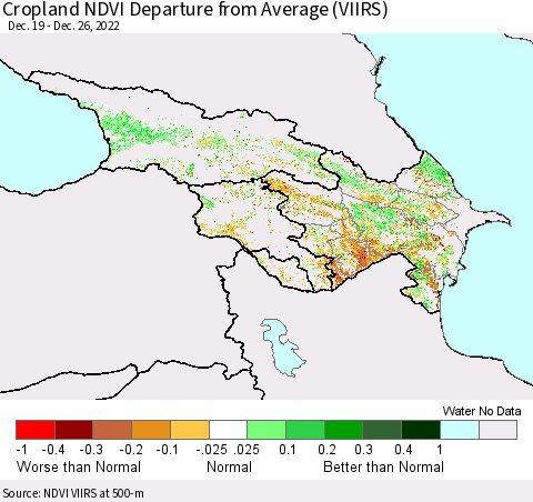 Azerbaijan, Armenia and Georgia Cropland NDVI Departure from Average (VIIRS) Thematic Map For 12/19/2022 - 12/26/2022