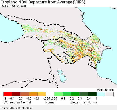 Azerbaijan, Armenia and Georgia Cropland NDVI Departure from Average (VIIRS) Thematic Map For 1/17/2023 - 1/24/2023