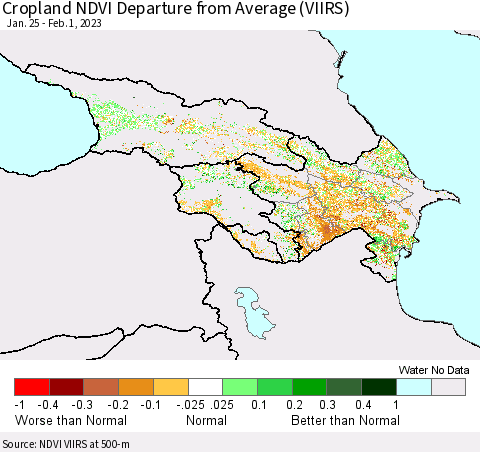 Azerbaijan, Armenia and Georgia Cropland NDVI Departure from Average (VIIRS) Thematic Map For 1/25/2023 - 2/1/2023