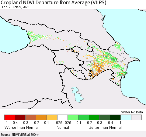 Azerbaijan, Armenia and Georgia Cropland NDVI Departure from Average (VIIRS) Thematic Map For 2/2/2023 - 2/9/2023