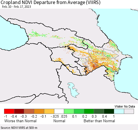 Azerbaijan, Armenia and Georgia Cropland NDVI Departure from Average (VIIRS) Thematic Map For 2/10/2023 - 2/17/2023