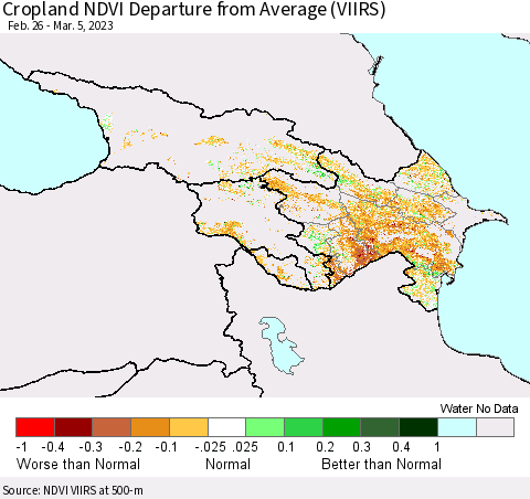 Azerbaijan, Armenia and Georgia Cropland NDVI Departure from Average (VIIRS) Thematic Map For 2/26/2023 - 3/5/2023