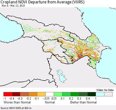 Azerbaijan, Armenia and Georgia Cropland NDVI Departure from Average (VIIRS) Thematic Map For 3/6/2023 - 3/13/2023