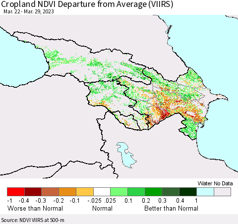 Azerbaijan, Armenia and Georgia Cropland NDVI Departure from Average (VIIRS) Thematic Map For 3/22/2023 - 3/29/2023