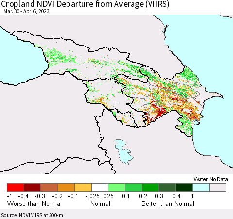 Azerbaijan, Armenia and Georgia Cropland NDVI Departure from Average (VIIRS) Thematic Map For 3/30/2023 - 4/6/2023