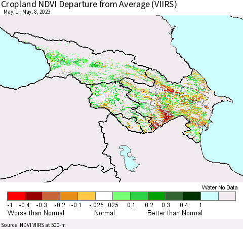 Azerbaijan, Armenia and Georgia Cropland NDVI Departure from Average (VIIRS) Thematic Map For 5/1/2023 - 5/8/2023
