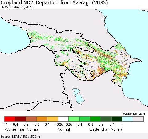 Azerbaijan, Armenia and Georgia Cropland NDVI Departure from Average (VIIRS) Thematic Map For 5/9/2023 - 5/16/2023
