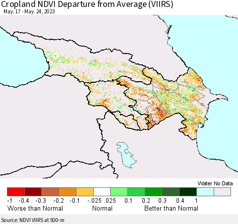 Azerbaijan, Armenia and Georgia Cropland NDVI Departure from Average (VIIRS) Thematic Map For 5/17/2023 - 5/24/2023