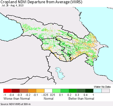 Azerbaijan, Armenia and Georgia Cropland NDVI Departure from Average (VIIRS) Thematic Map For 7/28/2023 - 8/4/2023