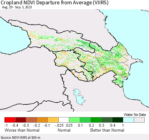 Azerbaijan, Armenia and Georgia Cropland NDVI Departure from Average (VIIRS) Thematic Map For 8/29/2023 - 9/5/2023