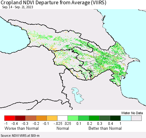 Azerbaijan, Armenia and Georgia Cropland NDVI Departure from Average (VIIRS) Thematic Map For 9/14/2023 - 9/21/2023