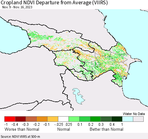 Azerbaijan, Armenia and Georgia Cropland NDVI Departure from Average (VIIRS) Thematic Map For 11/9/2023 - 11/16/2023