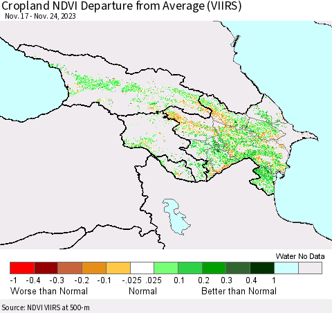Azerbaijan, Armenia and Georgia Cropland NDVI Departure from Average (VIIRS) Thematic Map For 11/17/2023 - 11/24/2023