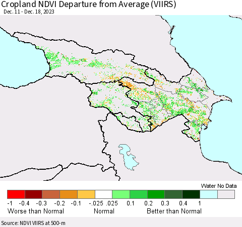 Azerbaijan, Armenia and Georgia Cropland NDVI Departure from Average (VIIRS) Thematic Map For 12/11/2023 - 12/18/2023