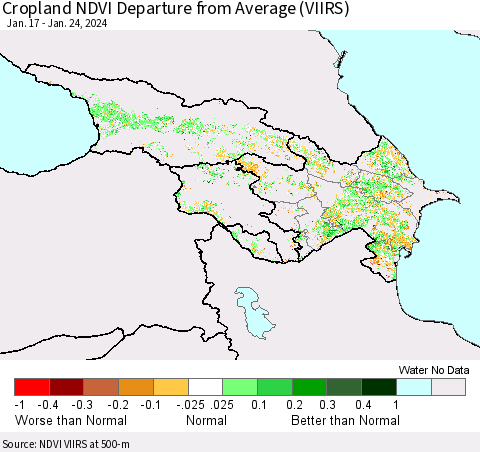Azerbaijan, Armenia and Georgia Cropland NDVI Departure from Average (VIIRS) Thematic Map For 1/17/2024 - 1/24/2024