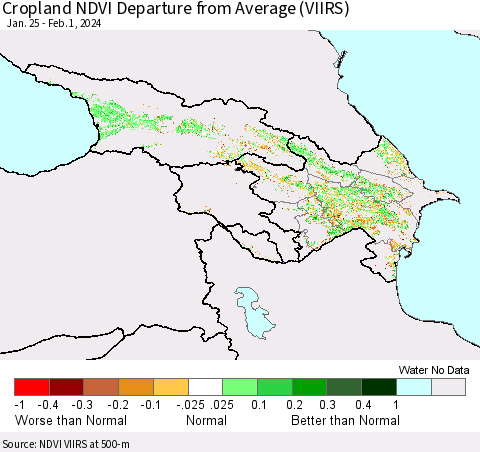 Azerbaijan, Armenia and Georgia Cropland NDVI Departure from Average (VIIRS) Thematic Map For 1/25/2024 - 2/1/2024