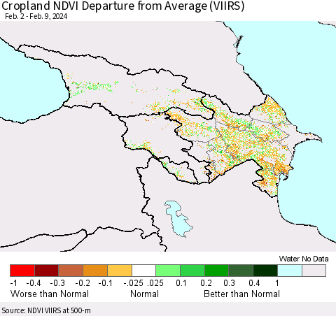 Azerbaijan, Armenia and Georgia Cropland NDVI Departure from Average (VIIRS) Thematic Map For 2/2/2024 - 2/9/2024
