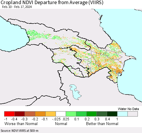 Azerbaijan, Armenia and Georgia Cropland NDVI Departure from Average (VIIRS) Thematic Map For 2/10/2024 - 2/17/2024