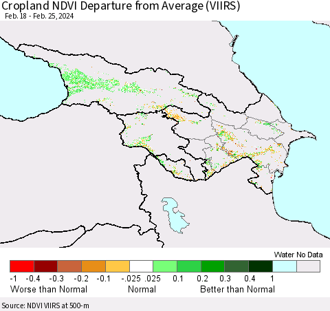 Azerbaijan, Armenia and Georgia Cropland NDVI Departure from Average (VIIRS) Thematic Map For 2/18/2024 - 2/25/2024