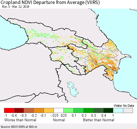 Azerbaijan, Armenia and Georgia Cropland NDVI Departure from Average (VIIRS) Thematic Map For 3/5/2024 - 3/12/2024