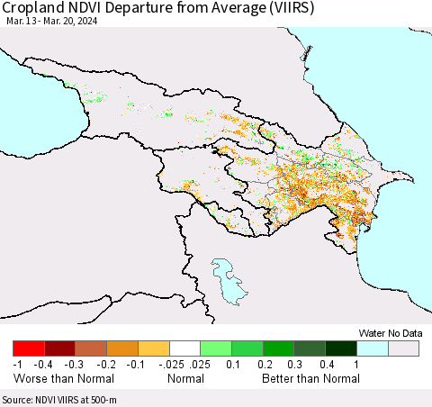 Azerbaijan, Armenia and Georgia Cropland NDVI Departure from Average (VIIRS) Thematic Map For 3/13/2024 - 3/20/2024