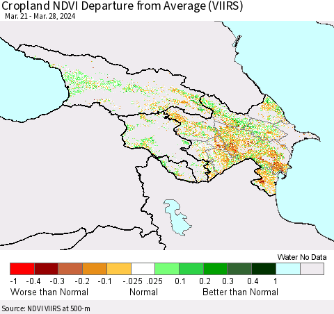 Azerbaijan, Armenia and Georgia Cropland NDVI Departure from Average (VIIRS) Thematic Map For 3/21/2024 - 3/28/2024