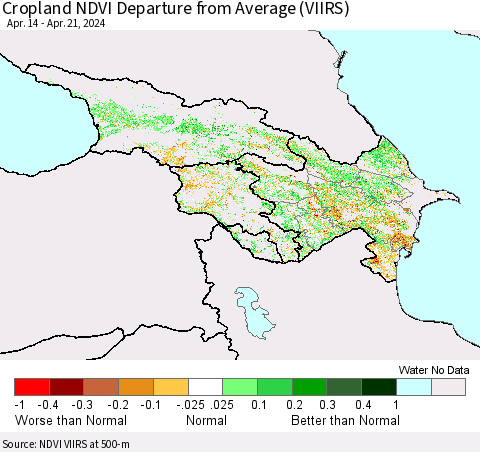 Azerbaijan, Armenia and Georgia Cropland NDVI Departure from Average (VIIRS) Thematic Map For 4/14/2024 - 4/21/2024