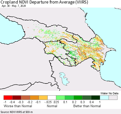 Azerbaijan, Armenia and Georgia Cropland NDVI Departure from Average (VIIRS) Thematic Map For 4/30/2024 - 5/7/2024