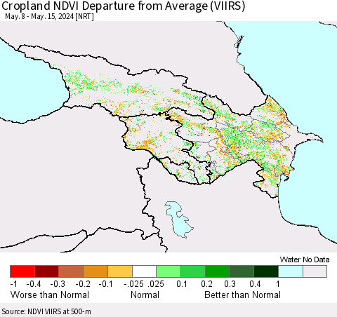 Azerbaijan, Armenia and Georgia Cropland NDVI Departure from Average (VIIRS) Thematic Map For 5/8/2024 - 5/15/2024