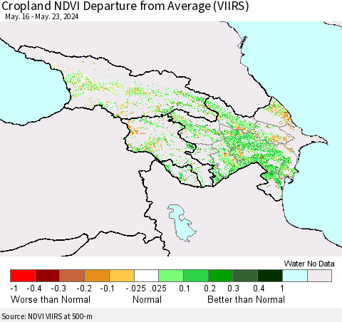 Azerbaijan, Armenia and Georgia Cropland NDVI Departure from Average (VIIRS) Thematic Map For 5/16/2024 - 5/23/2024