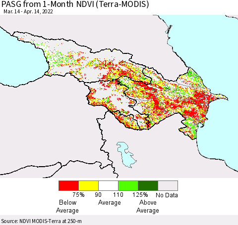 Azerbaijan, Armenia and Georgia PASG from 1-Month NDVI (Terra-MODIS) Thematic Map For 4/7/2022 - 4/14/2022