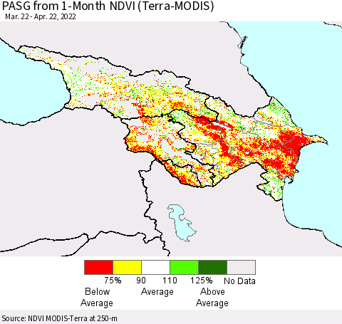 Azerbaijan, Armenia and Georgia PASG from 1-Month NDVI (Terra-MODIS) Thematic Map For 4/15/2022 - 4/22/2022