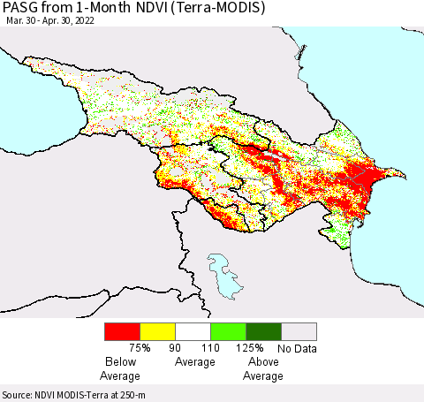 Azerbaijan, Armenia and Georgia PASG from 1-Month NDVI (Terra-MODIS) Thematic Map For 4/23/2022 - 4/30/2022