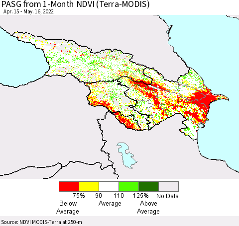 Azerbaijan, Armenia and Georgia PASG from 1-Month NDVI (Terra-MODIS) Thematic Map For 5/9/2022 - 5/16/2022