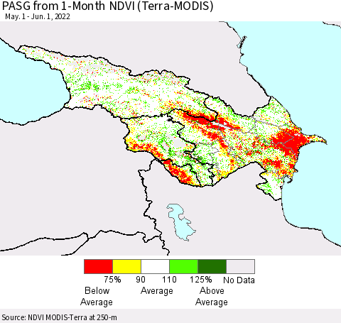 Azerbaijan, Armenia and Georgia PASG from 1-Month NDVI (Terra-MODIS) Thematic Map For 5/25/2022 - 6/1/2022