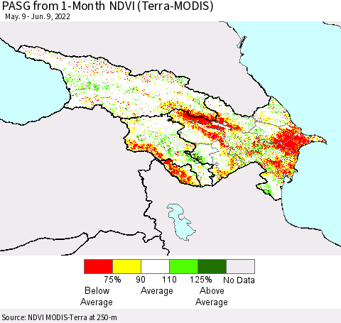 Azerbaijan, Armenia and Georgia PASG from 1-Month NDVI (Terra-MODIS) Thematic Map For 6/2/2022 - 6/9/2022