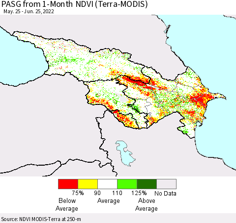 Azerbaijan, Armenia and Georgia PASG from 1-Month NDVI (Terra-MODIS) Thematic Map For 6/18/2022 - 6/25/2022
