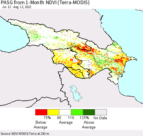 Azerbaijan, Armenia and Georgia PASG from 1-Month NDVI (Terra-MODIS) Thematic Map For 8/5/2022 - 8/12/2022