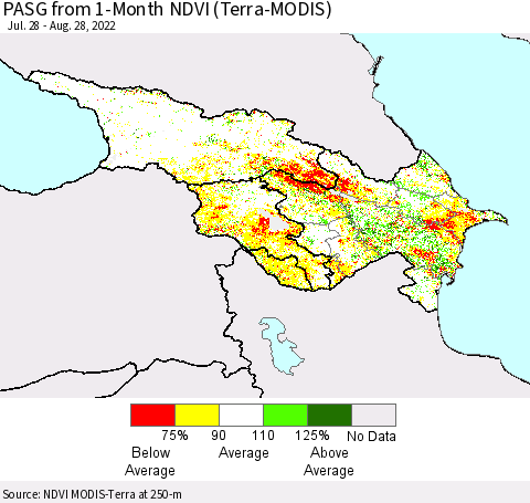 Azerbaijan, Armenia and Georgia PASG from 1-Month NDVI (Terra-MODIS) Thematic Map For 8/21/2022 - 8/28/2022