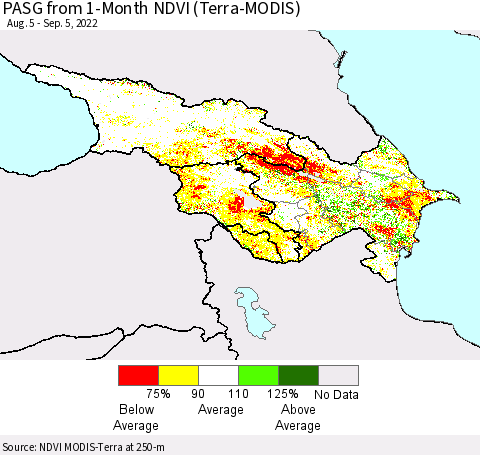 Azerbaijan, Armenia and Georgia PASG from 1-Month NDVI (Terra-MODIS) Thematic Map For 8/29/2022 - 9/5/2022