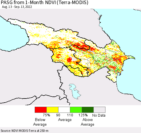 Azerbaijan, Armenia and Georgia PASG from 1-Month NDVI (Terra-MODIS) Thematic Map For 9/6/2022 - 9/13/2022