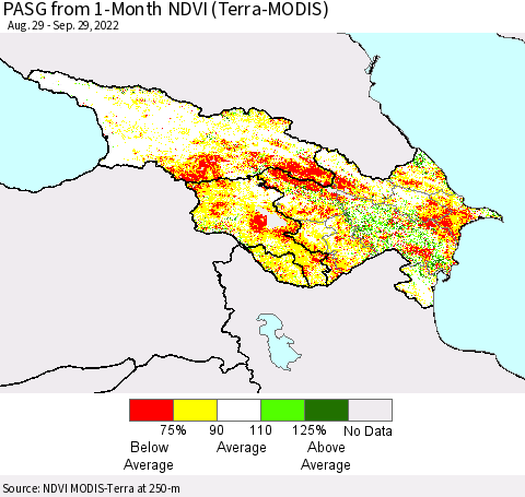 Azerbaijan, Armenia and Georgia PASG from 1-Month NDVI (Terra-MODIS) Thematic Map For 9/22/2022 - 9/29/2022