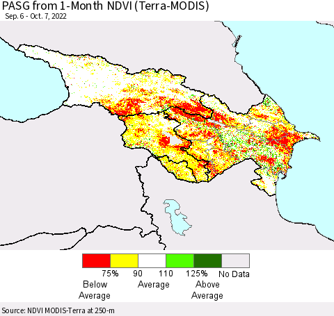 Azerbaijan, Armenia and Georgia PASG from 1-Month NDVI (Terra-MODIS) Thematic Map For 9/30/2022 - 10/7/2022