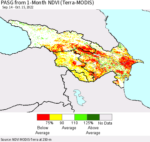 Azerbaijan, Armenia and Georgia PASG from 1-Month NDVI (Terra-MODIS) Thematic Map For 10/8/2022 - 10/15/2022